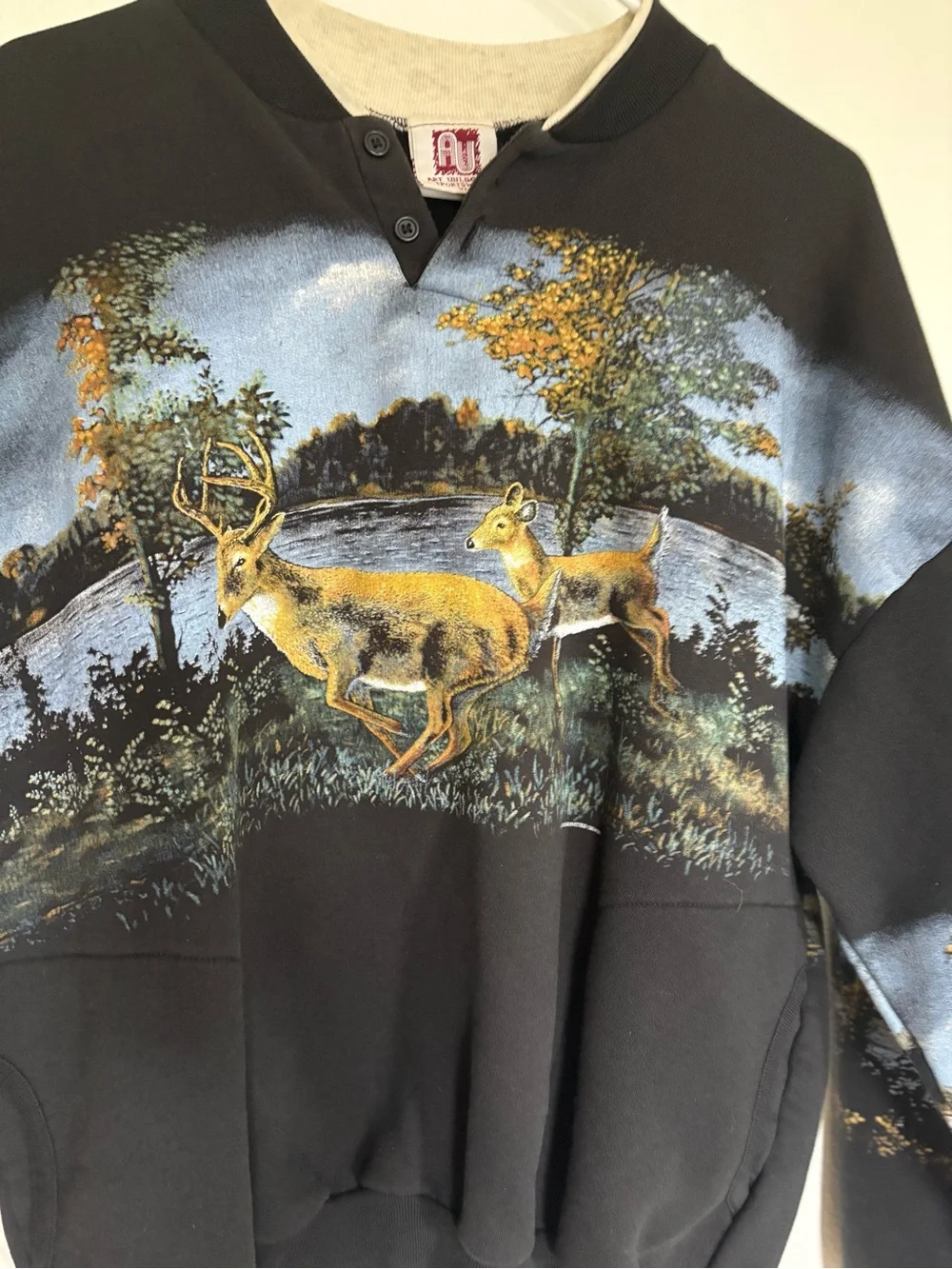 Black Deer Scenic Sweatshirt with Lake Print - Picture 2 of 7